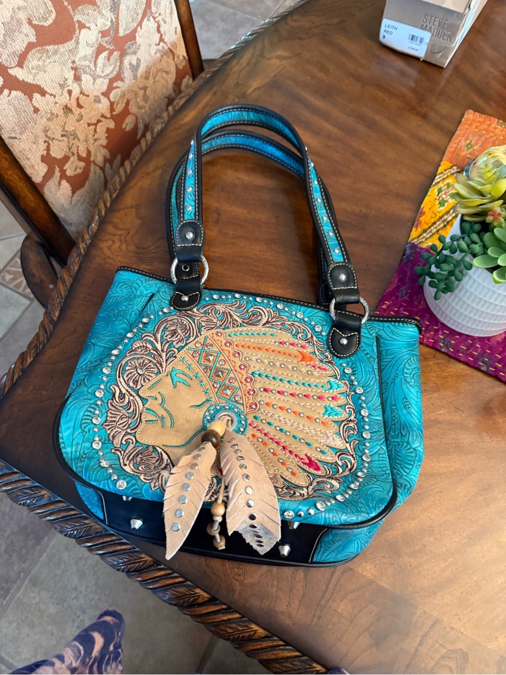 New Concealed Carry Turquoise Embroidered Feather Accent Shoulder Bag - Women